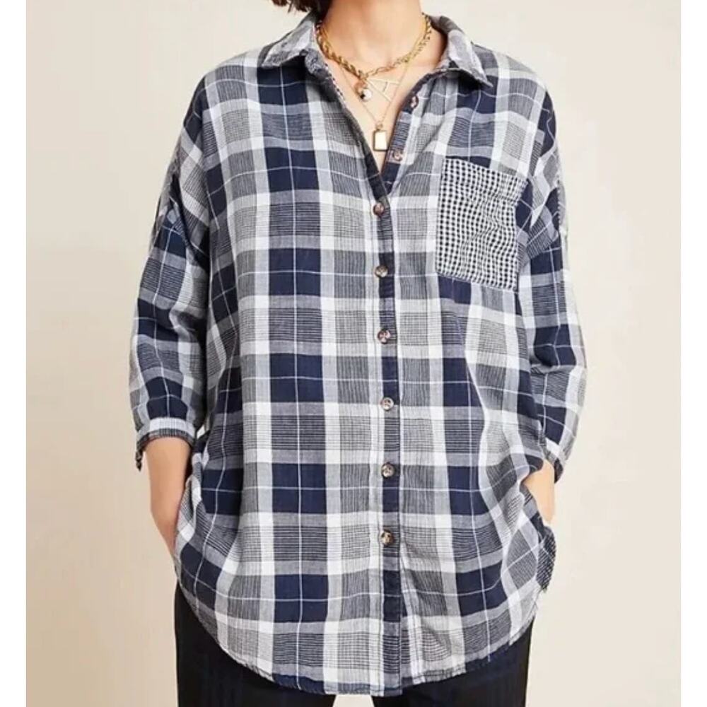 Anthropologie Pilcro Plaid White/Blue Oversized Shirt, Size XS/S